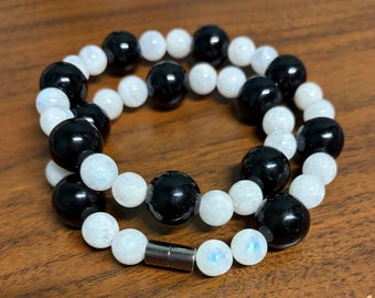 Black Onyx & Moonstone Necklace Large Beaded Jewelry for Men/Women