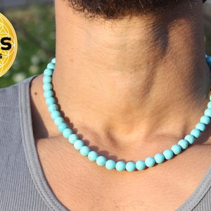 Genuine Beaded Turquoise Necklace for Men/Women - Healing Crystal Jewelry with Magnetic Clasp - Sky Blue Stone - Elegant Gift for Her/Him