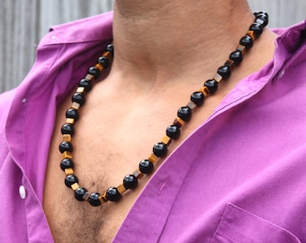 Onyx Tiger Eye Necklace Cube Beaded Crystal Necklace Mens Womens Protection Jewelry Gift