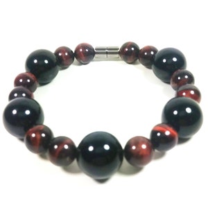 Red Tiger Eye & Onyx Bead Bracelet For Men And Women - Confidence - Protection -Super Strong Magnetic Clasp