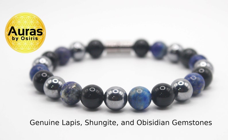 May include: An Auras by Osiris bracelet made with genuine lapis lazuli, shungite, and obsidian gemstones. The bracelet has a silver clasp.