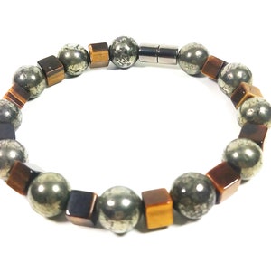 Pyrite & Tiger Eye Bead Bracelet For Men And Women - Confidence - Protection -Super Strong Magnetic Clasp