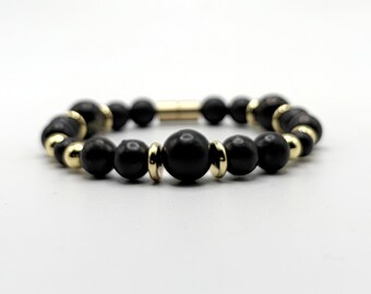 Black Shungite Bracelet with Gold Spacers – Mens Beaded Bracelet – Magnetic Clasp – Grounding Protection Jewelry – Gift for Him