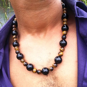 Onyx Tiger Eye Necklace For Men - Protection - Aura Shielding - World's Strongest Magnetic Clasp