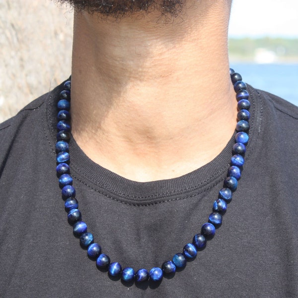 Blue Tiger Eye Necklace -  Mens Necklace - Beaded Necklace - Crystal Necklace  - Gemstone necklace