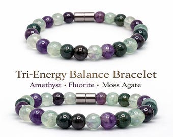 8mm Amethyst, Fluorite & Moss Agate Bracelet – Balance - Clarity Jewelry Zodiac Virgo Crystal