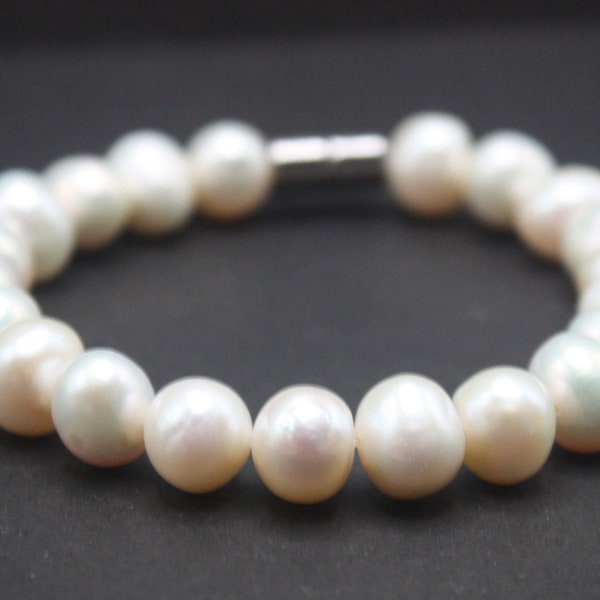 Natural Fresh Water Pearl Bracelet, Pearl Bead Bracelet, 10mm Genuine Pearl Bracelet for Men/Women with Magnet Clasp