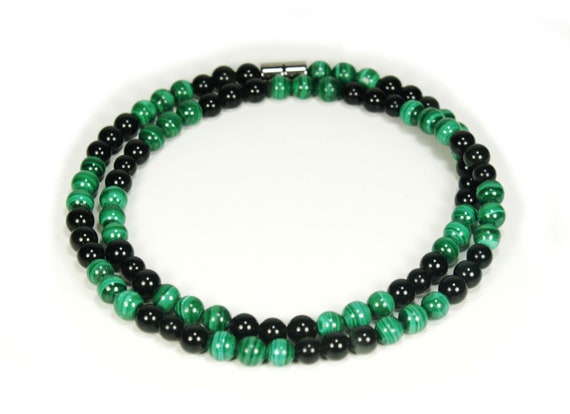 Collier De Perles Ancien En Obsidienne Noire Et Malachite Verte - Pierres Naturelles - Occasion, Bel état