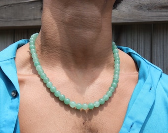 Halsband med grönt aventurinkristall - ädelsten med lycka, 10 mm pärla