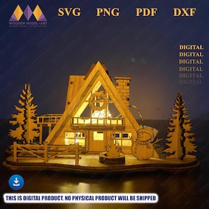 Puede incluir: Una escena de pueblo navideño cortada con láser de madera con una cabaña, árboles, un muñeco de nieve y una hoguera. La cabaña tiene un tejado triangular y una chimenea. Incluye el texto "SVG PNG PDF DXF" y "DIGITAL".