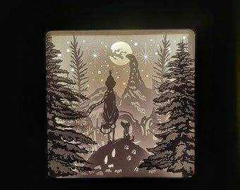 Christmas Santa&#39;s Cabin Shadow Box Template: Winter Forest 3D Paper Cut (SVG Digital)