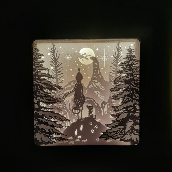 Joyeux Noël Shadow Box / Lightbox Snow Santa’s Cabin - Noël / Noël hiver en forêt 3D Paper Cut Template Light Box SVG Digital