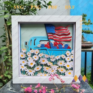 Camión azul patriótico Svg Shadow Box, Margaritas Svg, Bandera estadounidense Svg Cricut, 4 de julio Margaritas patrióticas - Día de la Independencia - Para Cricut.