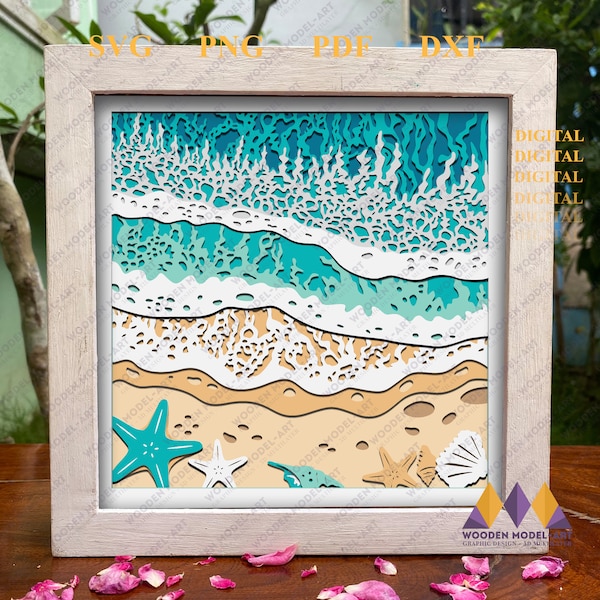 3D SEA WAVE svg, BEACH Shadow Box, Ocean Resin cricut and silhouette digital cutting file.