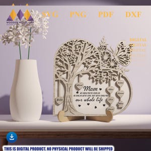Personalisierte Stammbaum Herz Stand Decor SVG, Geschenk für Mama, Muttertag svg, Muttertagsgeschenke svg, Glowforge svg-Dateien, Laser geschnitten Dateien