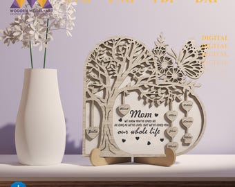 Puede incluir: Una descarga digital de un árbol en forma de corazón con una mariposa y nombres colgando de las ramas. El texto dice "Mamá, Sabemos que nos has amado todo el tiempo que hemos vivido, pero te hemos amado toda nuestra vida".