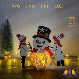 Lanterne de bonhomme de neige en papier Svg, boîte d'ombre de lanterne 3D REEINDEER, décoration de bonhomme de neige de Noël, lanternes en papier bricolage - modèle de découpe de papier de Noël Svg 2