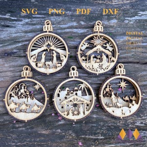 Set 5 Krippenszene Ornamente Baumkugeln Handwerk Runde hängende Spielerei Heiligabend mit Baby Jesus Digitaler Download SVG