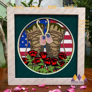 BOTAS 3D PATRIÓTICOS Svg, Poppy Shadow Box Svg - Bandera estadounidense Svg Cricut, 4 de julio - Día de la Independencia - Para Cricut.