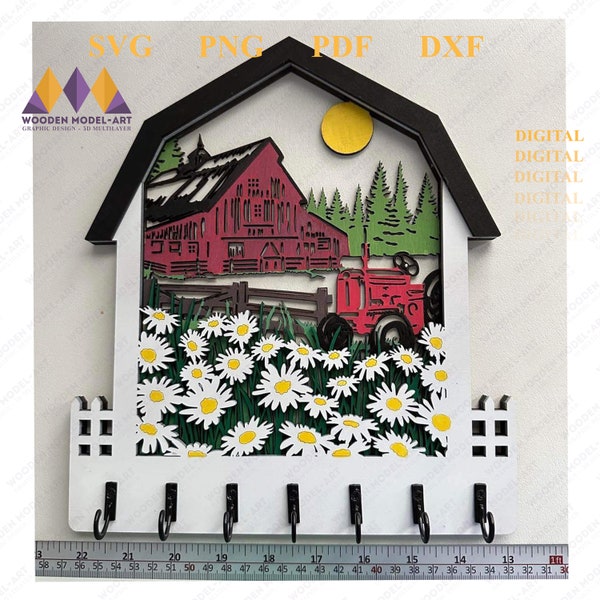 DAISIES FARM Key Hanger, Holder, KEY Holder Daisies Svg, Red Barn Laser cut, Layered, Plywood Painting Digital design Glowforge Laser cut.