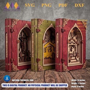 May include: Three rectangular wooden book-shaped boxes with arched cutouts. The left box is dark red, the center is green, and the right is red. Each features the text 'Christmas 2026' on the spine, with intricate laser-cut religious scenes inside.