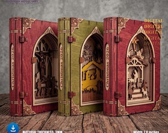 May include: Three rectangular wooden book-shaped boxes with arched cutouts. The left box is dark red, the center is green, and the right is red. Each features the text 'Christmas 2026' on the spine, with intricate laser-cut religious scenes inside.