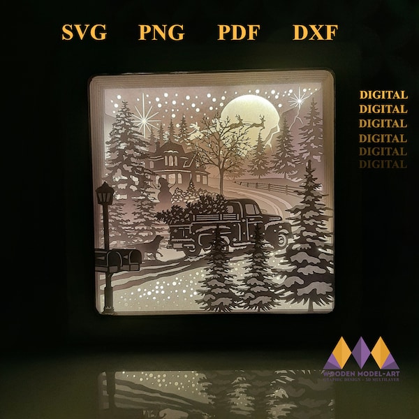 Merry Christmas Shadow Box/Lightbox Snow Santa's Cabin - Christmas/ Christmas winter in forest 3D Paper Cut Template Light Box SVG Digital