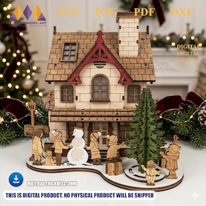 Puede incluir: Una escena de un pueblo navideño de madera con una casa, un muñeco de nieve, niños y un árbol de Navidad. La casa tiene un tejado marrón y detalles en rojo. El texto en la imagen dice "SVG, PNG, PDF, DXF" y "MATERIAL THICKNESS: 3MM".