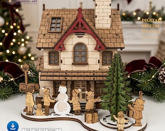 Laser Cut Christmas House Scene Candle Holder: Christmas Wood Table Lamp Decor (Digital File)