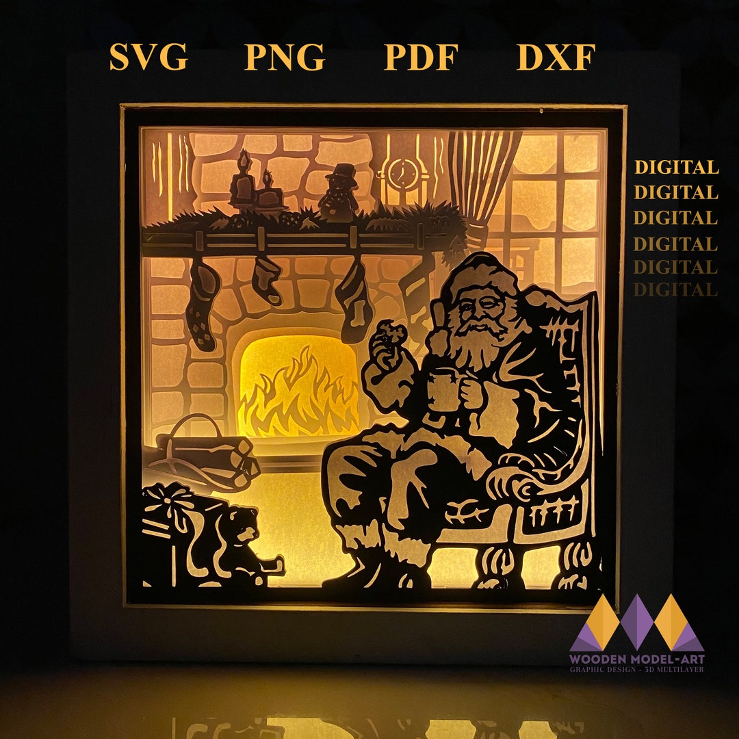 SANTA CLAUS Svg Light Box FIREPLACE Christmas Shadow Box Christmas for