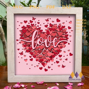 Boîte d’ombre de Saint-Valentin - Love Heart 3d multicouche SVG, 3D - Boîte à lumière de cœur - Boîte à lumière découpée SVG Fichier DIY - Svg pour Cricut