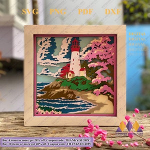 3D LEUCHTTURM zwart Schattenbox, Frühling svg Licht Box, Ozean 3D schichtig, Leuchtturm svg Papierschnitt, Tempalte, digitale Dateien.