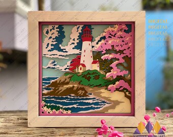Lighthouse Shadow Box SVG: Spring Ocean Paper Cut-sjabloon (digitale bestanden)