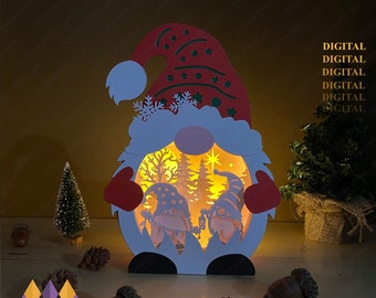 Caixa de Sombras de Gnomo de Natal SVG: Caixa de Luz com Cena de Inverno e Lanterna (Download Digital)