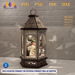 Laser Cut Nativity Scene Lantern: 3D Christmas Table Lamp Decor (SVG, DXF, PDF)