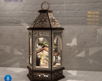 Laser Cut Nativity Scene Lantern: 3D Christmas Table Lamp Decor (SVG, DXF, PDF)