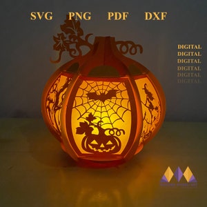 May include: A digital download of a 3D pumpkin lantern design for Halloween. The lantern features a bat, spider web, and jack-o-lantern face. The design is available in SVG, PNG, PDF, and DXF formats.