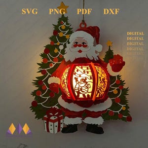 Père Noël lanterne de Noël en papier Svg, boîte d'ombre de lanterne 3D, décoration de Noël, lanternes en papier bricolage - modèle de découpe de papier de Noël Svg