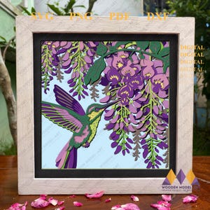Svg Colibri SHADOW BOX | Fleurs 3D Colibri glycine | papier cartonné en couches svg | Modèle de zone d'ombre | pour cricut | pour la silhouette.