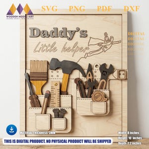Peut inclure: Panneau en bois « Daddy's Little Helper » avec un design de boîte à outils. Le panneau présente divers outils en bois, dont un marteau, une clé et un pinceau. Le panneau mesure 20 cm de large, 25 cm de haut et 5,6 cm de profondeur.