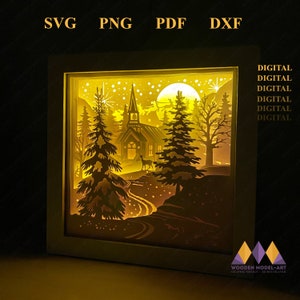 May include: A digital download of a 3D layered papercraft model of a winter scene with a church, trees, a deer, and a moon. The model is designed to be lit from behind, creating a glowing effect.