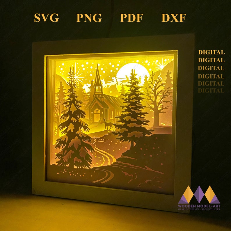 May include: A digital download of a 3D layered papercraft model of a winter scene with a church, trees, and a deer. The model is lit from behind, creating a warm glow. The text "DIGITAL" is repeated five times on the right side of the image.