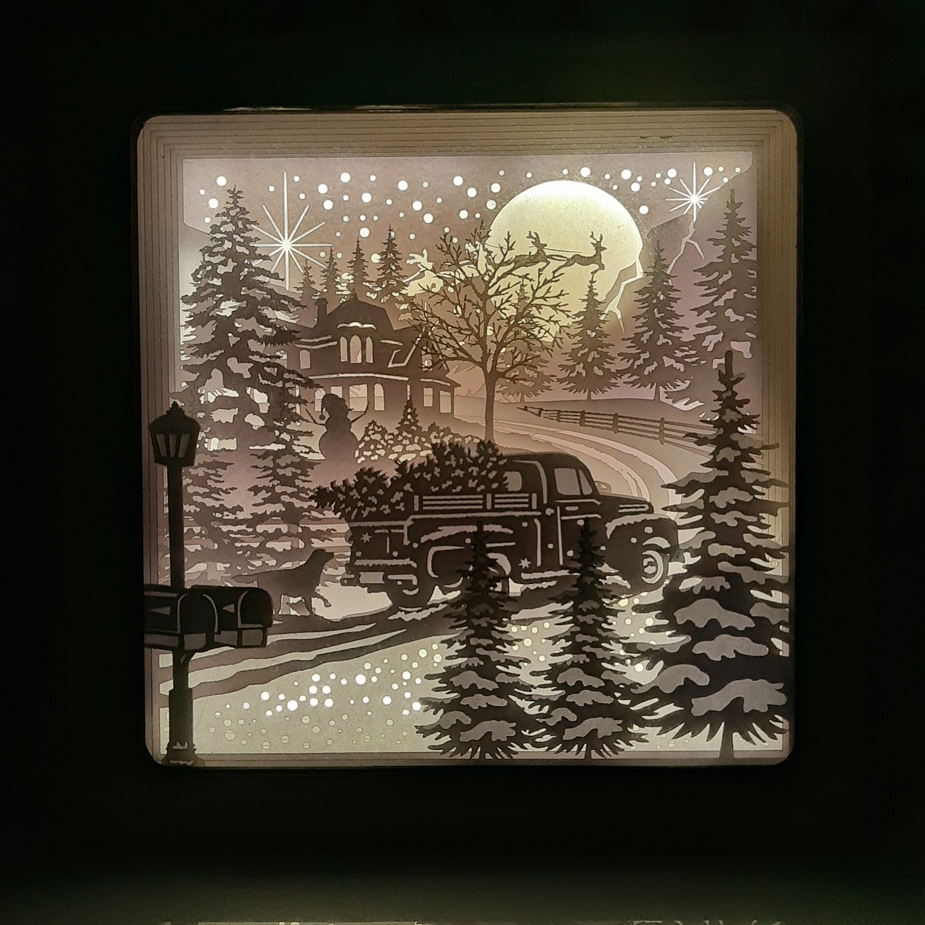 クリスマスサンタの小屋のシャドーボックステンプレート：冬の森の3D