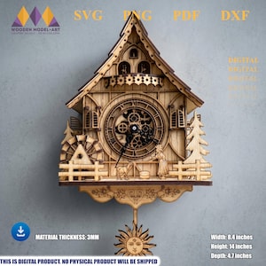 Puede incluir: Un diseño de reloj de cuco de madera cortado con láser con esfera central, engranajes visibles, rueda hidráulica, una figura con una cabra y un péndulo con forma de sol. Incluye texto SVG, PNG, PDF, DXF y medidas de 21,3 x 35,6 x 11,9 cm.