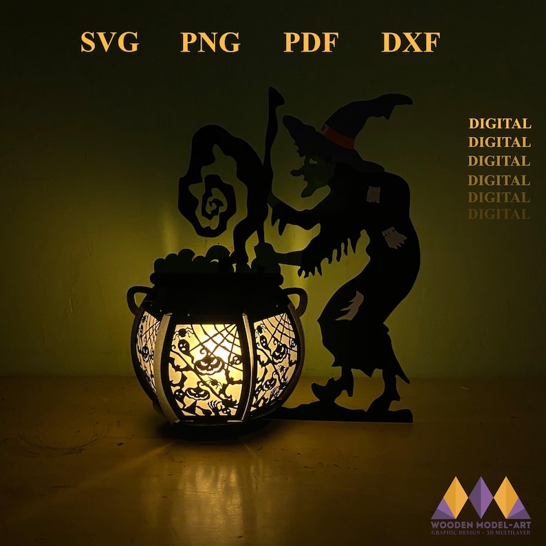 Puede incluir: Una silueta negra de una bruja revolviendo una caldera con un patr&oacute;n blanco y negro de calabazas y murci&eacute;lagos. La caldera est&aacute; iluminada desde adentro, creando un brillo c&aacute;lido. La imagen incluye el texto "SVG PNG PDF DXF DIGITAL DIGITAL DIGITAL DIGITAL DIGITAL DIGITAL".