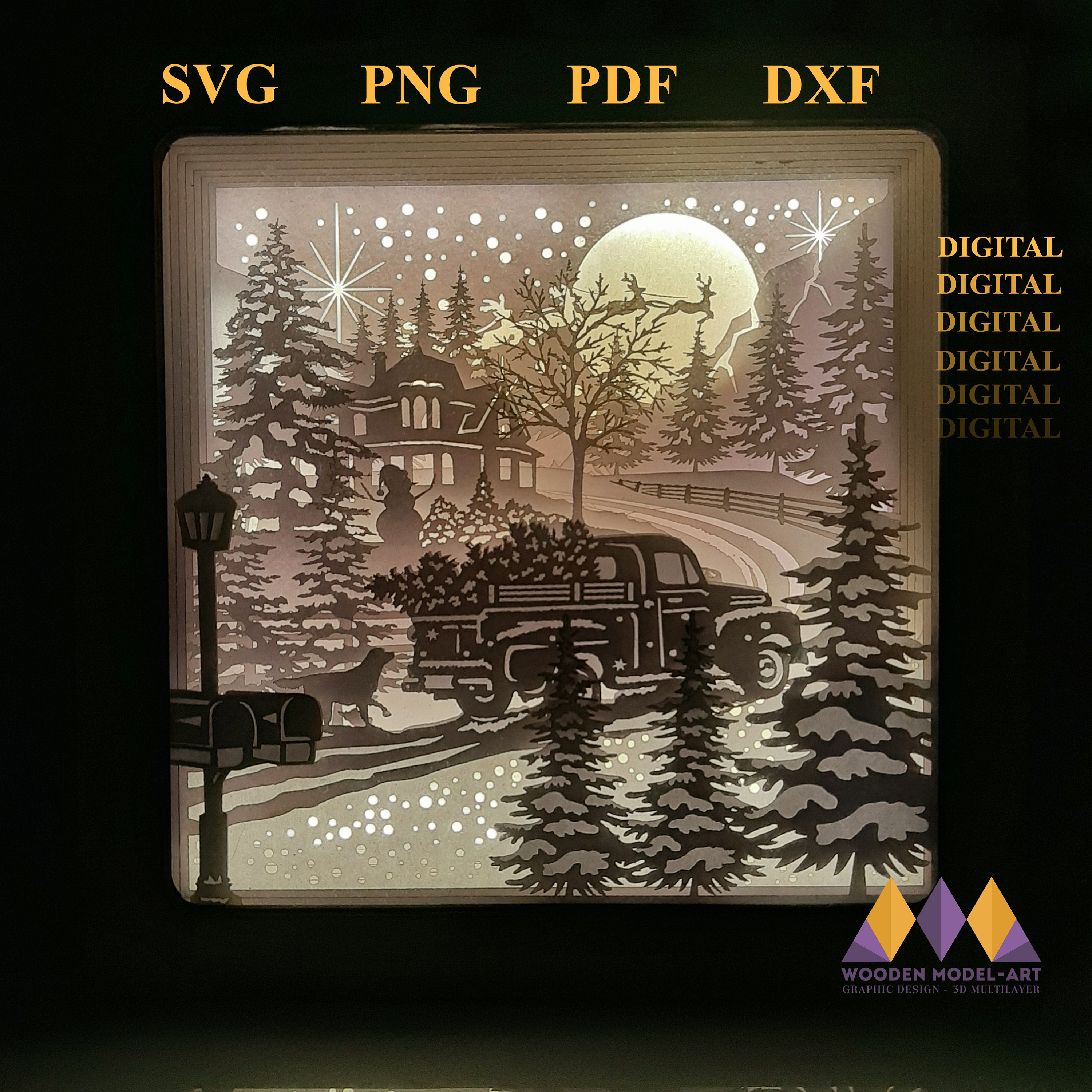 クリスマスサンタの小屋のシャドーボックステンプレート：冬の森の3D