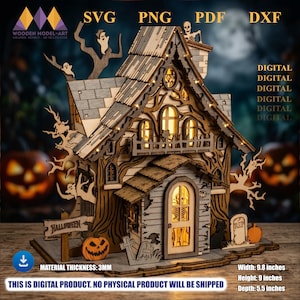 May include: A multi-layered wooden haunted house model featuring cutouts of ghosts, skeletons, and pumpkins. The structure includes text reading SVG, PNG, PDF, DXF, HALLOWEEN, and RIP. Dimensions are 9.8 inches wide, 9 inches high, and 5.5 inches deep.