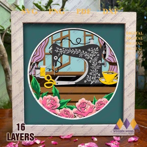 3D SEWING SVG Shadow Box, CREAT Sewing, szycie kwiatów, Singer Sewing SVG, zabytkowa maszyna do szycia, karton SVG, sylwetka, Cricut.
