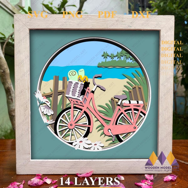 3d Beach Bicycle shadow box svg, Beach 3d Layered svg files for Cricut, Ocean Cardstock svg 3d, Mandala svg Paper cut, Svg Beach scene