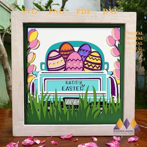 3D Easter Truck Shadow Box, Happy Eggs SVG, Layered Paper Art, Floral Shadow Box, Files For Cricut and Silhouette with Easy Instructions